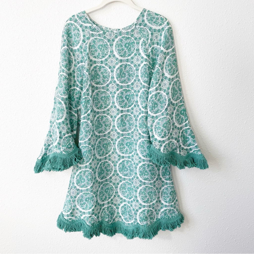 Hannah Artwear Sienna Fringed Block Print Linen Dress Rockpool Bohemian 1 / Us 6